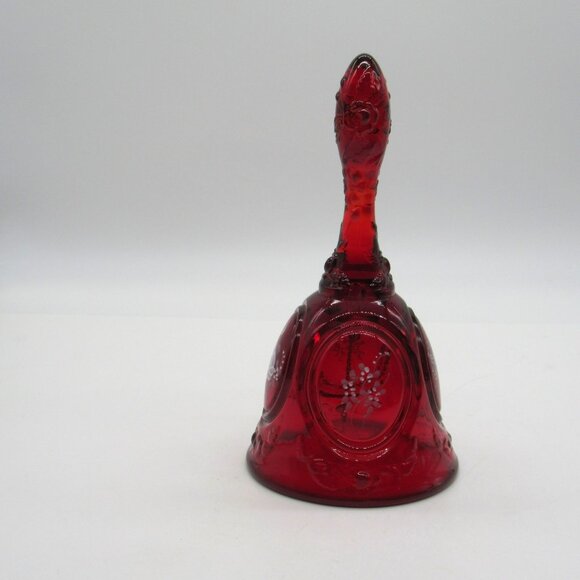 VTG Fenton Red Amberina Bell White Roses Hand Painted signed Frida - Picture 8 of 13